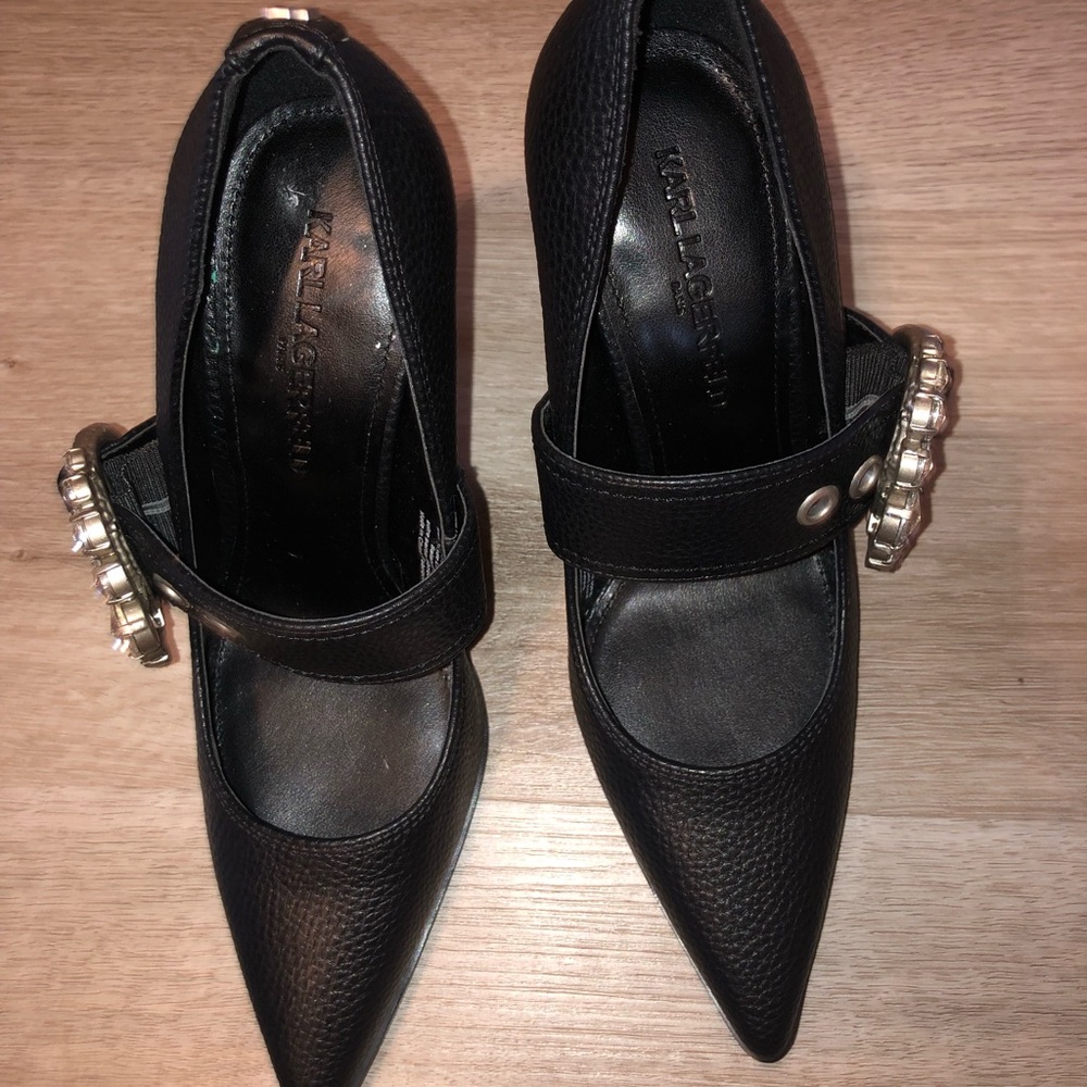 Karl Lagerfeld Black Pointed-Toe Mary Jane Heels with Silver Buckle